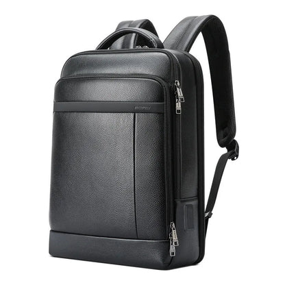 Black genuine leather commuter backpack with USB port and curved shoulder straps