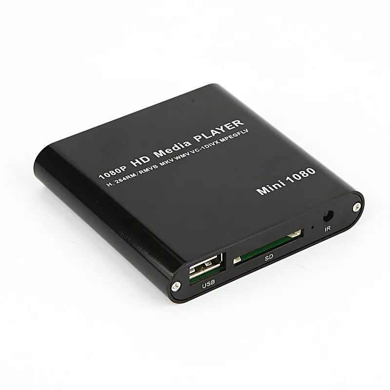 1080p Full HD media player in black metal case with SD card slot, USB port and HDMI output