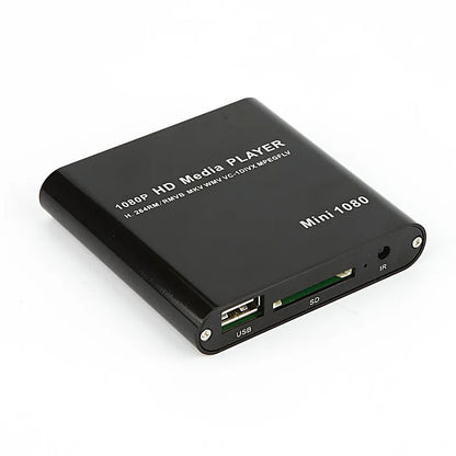 1080p Full HD media player in black metal case with SD card slot, USB port and HDMI output