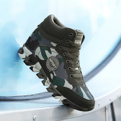 Green women's camouflage pattern canvas slip-on sneaker with a rubber sole.