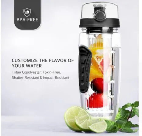 Fruit infuser shaker bottle with removable fruit holder made from transparent AS thermoplastic resin, 900ml capacity for portable hydration during climbing, camping, sports, and outdoor activities, available in black, blue, pink, and purple colours.
