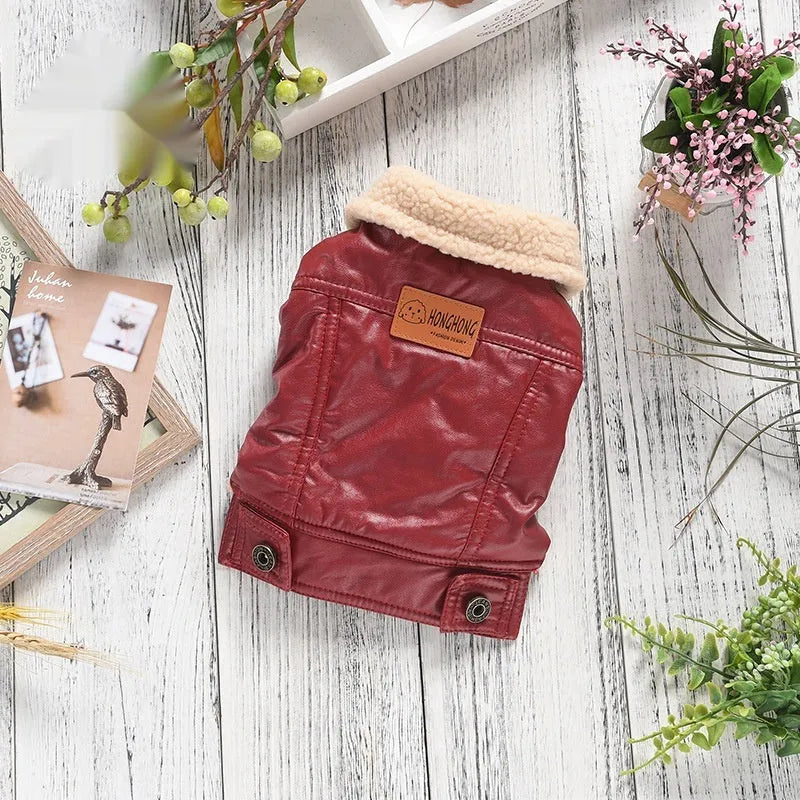 Pet leather coat for dogs and cats made from PU material with fleece lining for autumn and winter warmth, available in red and black colours across sizes XS to 7XL with British styling