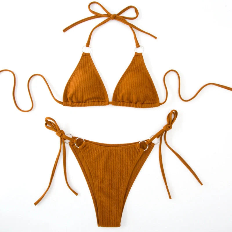 Women's bandage style bikini set with side tie thong in various colours