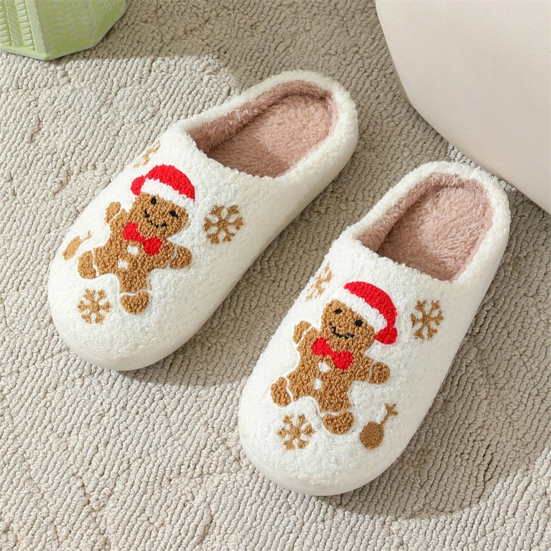 Festive Snowflake Gingerbread Slippers with plush upper and non-slip sole for cozy indoor wear