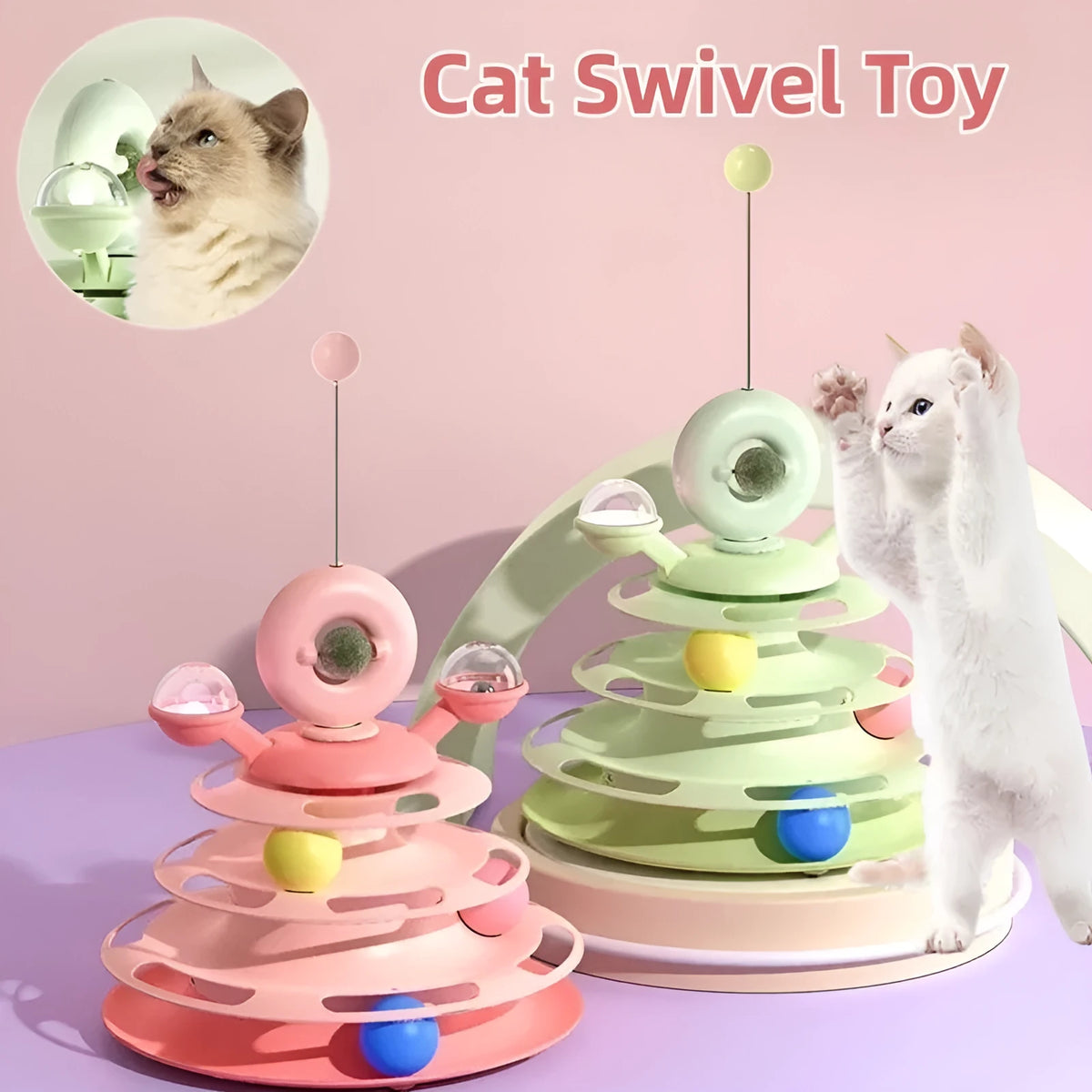 Four-level cat toy turntable tower with roller balls and 360-degree top ball in PP