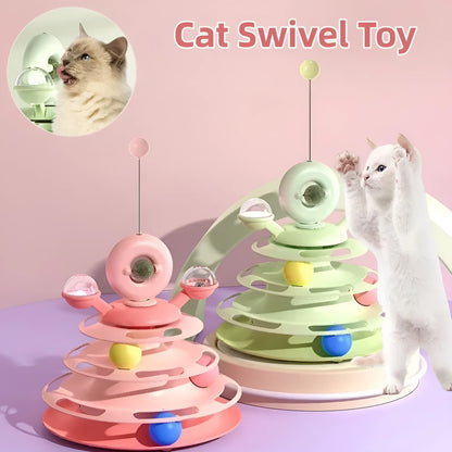 Four-level cat toy turntable tower with roller balls and 360-degree top ball in PP