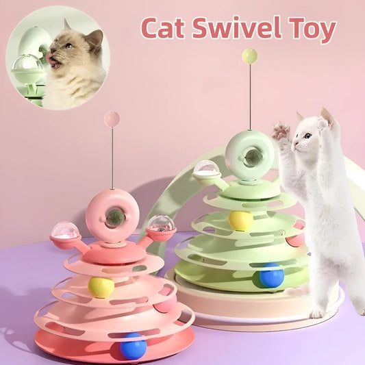 Four-level cat toy turntable tower with roller balls and 360-degree top ball in PP