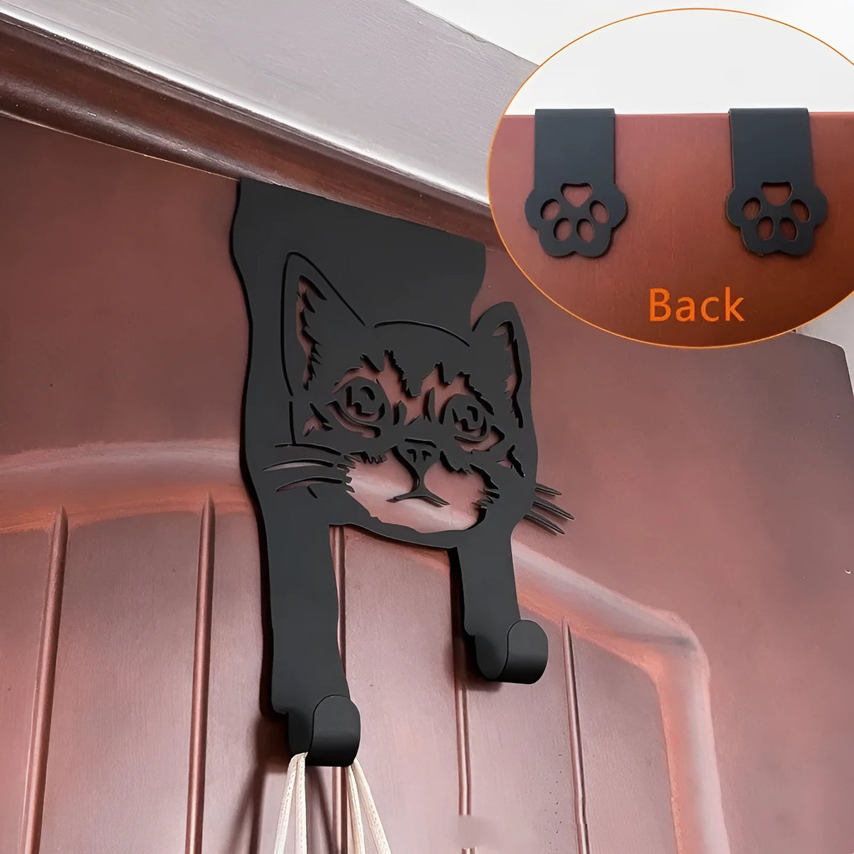 Black iron decorative cat wall hook with punch-free mounting