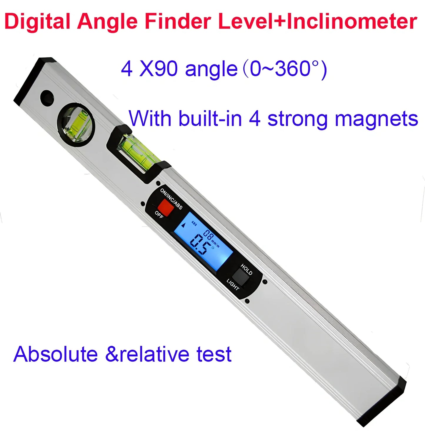 Digital magnetic angle meter with 400mm ruler length showing flip-up LCD display and four built-in magnets on base