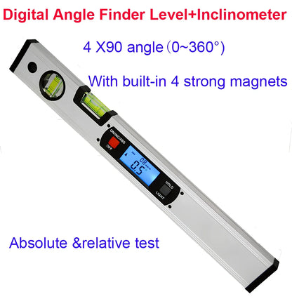 Digital magnetic angle meter with 400mm ruler length showing flip-up LCD display and four built-in magnets on base