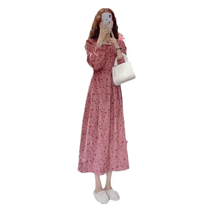 Red floral pattern knitted cotton dress with elastic waistband and princess sleeves in mid-length fairy dress style