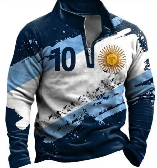 Men's retro striped long sleeve golf polo shirt with zipper decoration detail in bird eye cloth polyester
