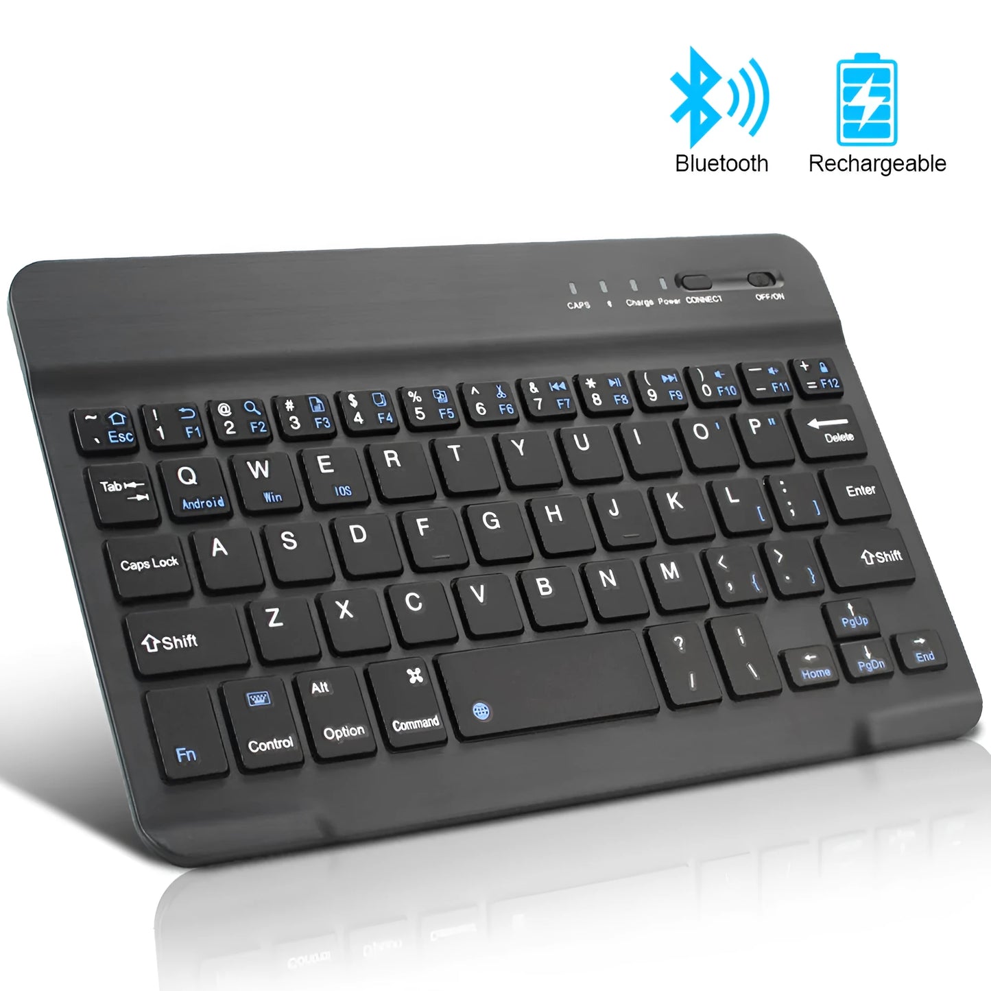 Black or white mini Bluetooth wireless keyboard shown in 7-inch, 9-inch, and 10-inch compact sizes.