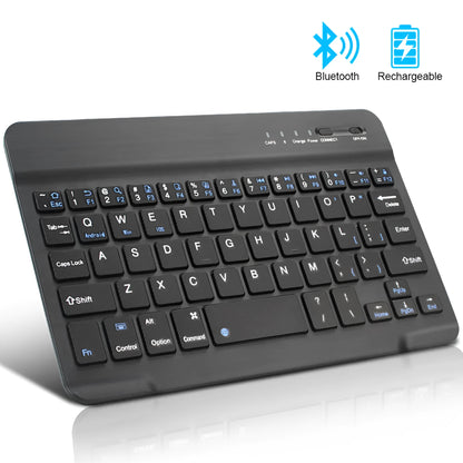 Black or white mini Bluetooth wireless keyboard shown in 7-inch, 9-inch, and 10-inch compact sizes.