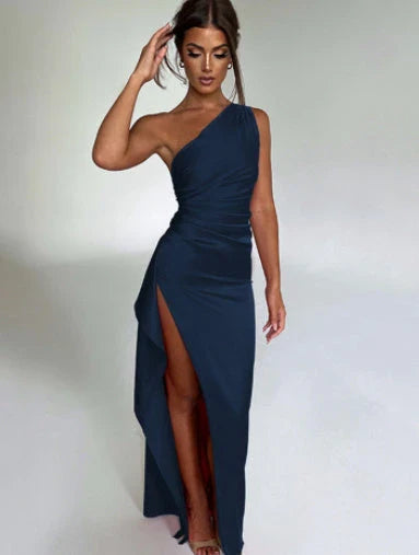 Chic one-shoulder backless slit dress in various colors, including red, apricot, rust, royal, wine red, and more.