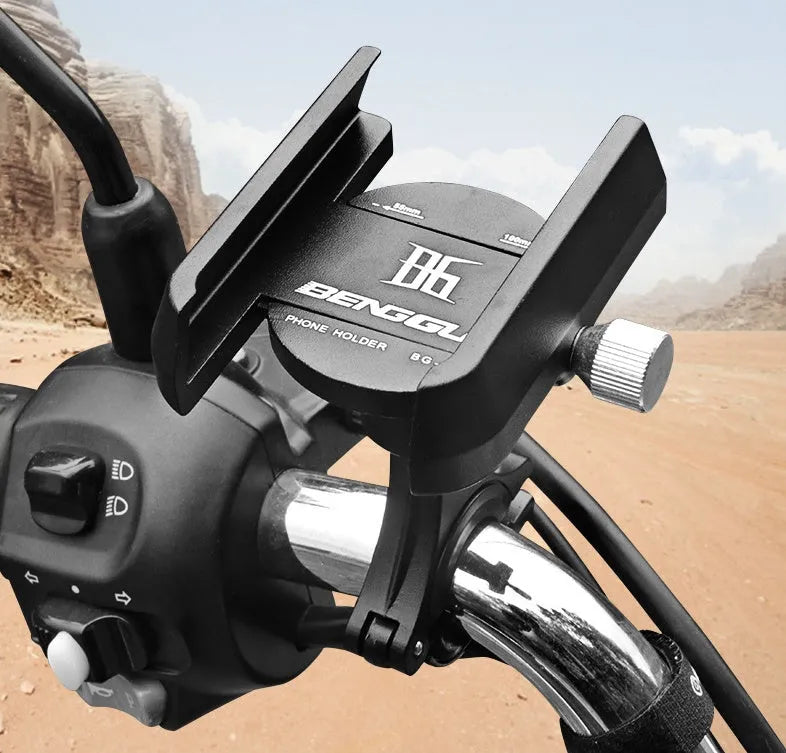 Bicycle phone holder made from CNC aluminium alloy with width adjustment for mobile phones from 55mm to 100mm, designed for handlebar diameters up to 31.8mm, available in black, gold, or titanium colour finishes.