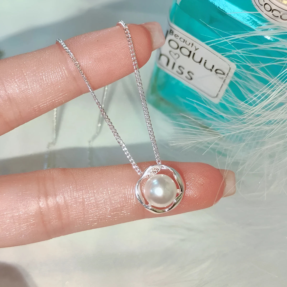 Rose pearl necklace for women with pearl pendant on copper cross chain, geometric circle ring design, 41-50cm