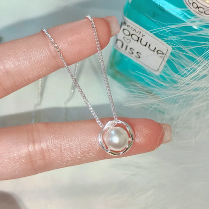 Rose pearl necklace for women with pearl pendant on copper cross chain, geometric circle ring design, 41-50cm