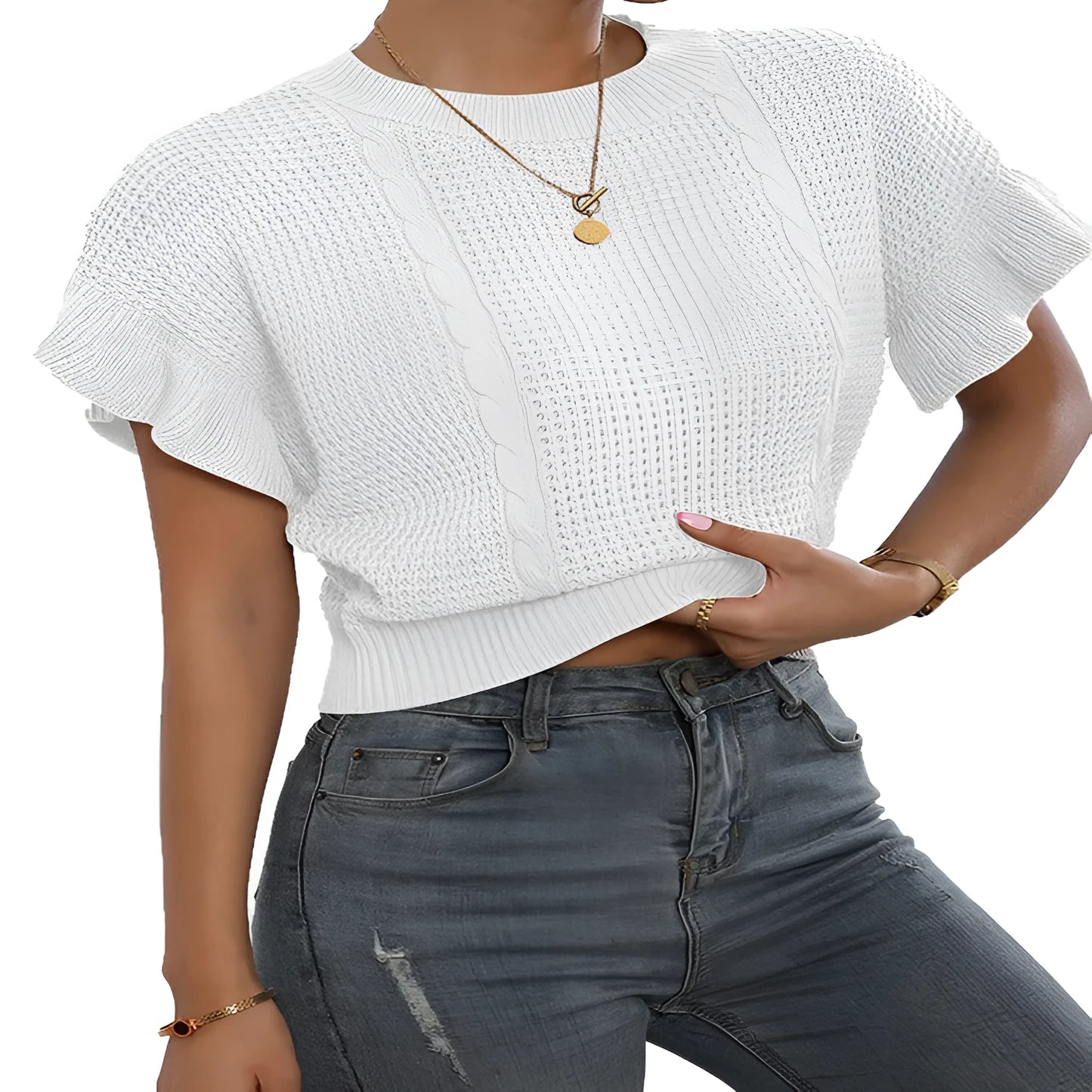 Loose round neck knitted pullover sweater with twisted string ruffled short sleeves in dark brown.