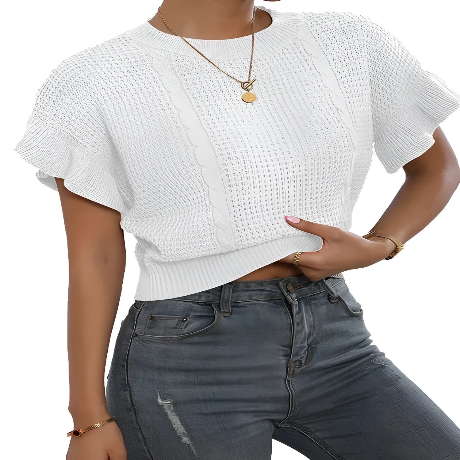 Loose round neck knitted pullover sweater with twisted string ruffled short sleeves in dark brown.