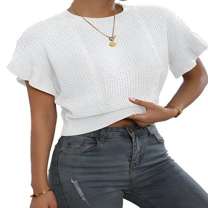 Loose round neck knitted pullover sweater with twisted string ruffled short sleeves in dark brown.