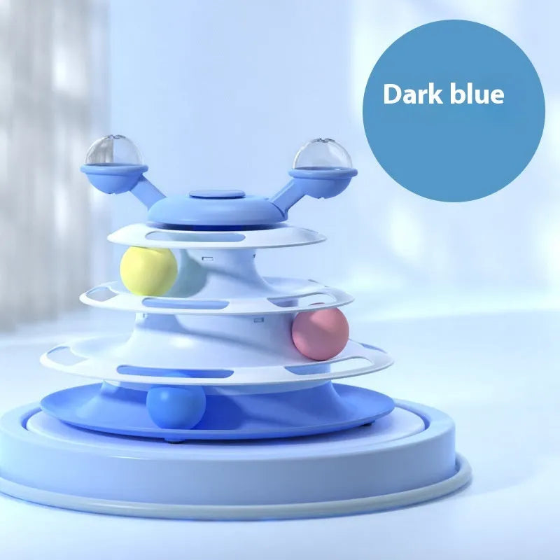 Four-level cat toy turntable tower with roller balls and 360-degree top ball in PP