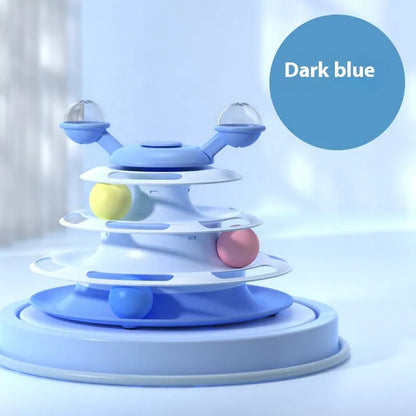 Four-level cat toy turntable tower with roller balls and 360-degree top ball in PP