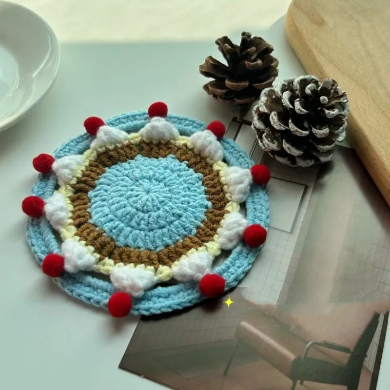 Wool crochet coaster bag set in cute cake design finished decorative protector holder with 9cm diameter size available as 1 piece or 2 piece pack options