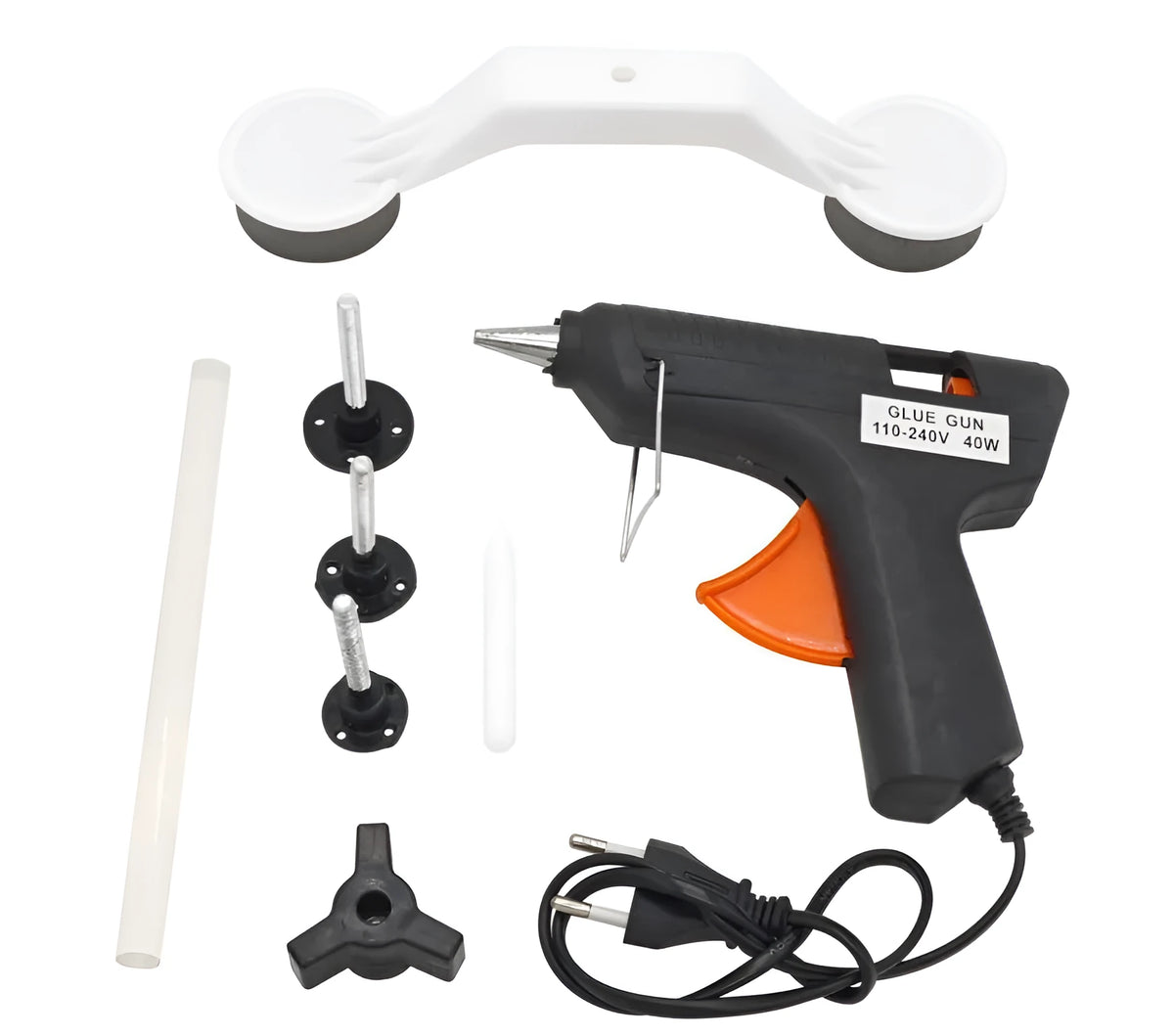 Plastic car dent repair tool with glue gun, three traction strips, glue stick, screw cap and holder, EU or US plug