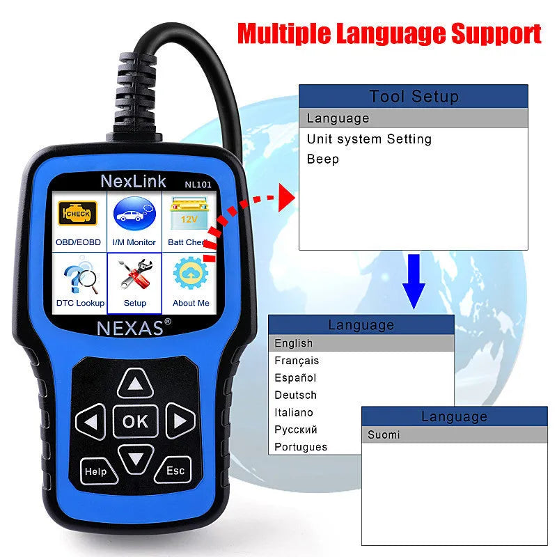 NexLink Nexas NL101 OBD2 car diagnostic scanner and code reader on a dark background.