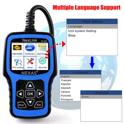 NexLink Nexas NL101 OBD2 car diagnostic scanner and code reader on a dark background.