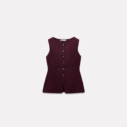 Women's dark red slim fit sleeveless sweater vest with gold buttons on a hanger.