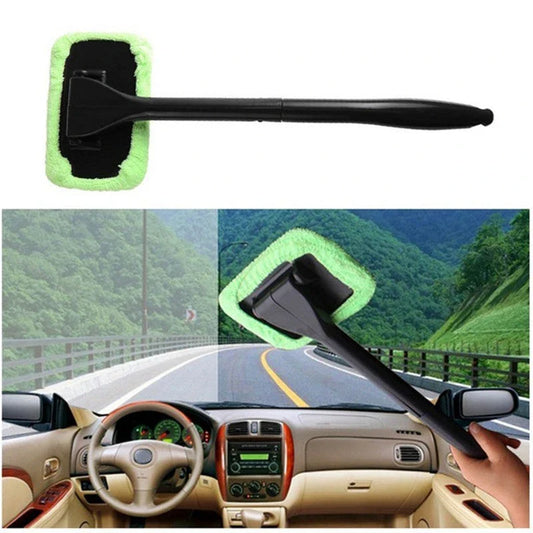 Extendable car window cleaning brush with microfiber head and long handle for reaching tough-to-clean areas