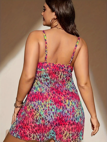 Plus size woman in a red split-leg skirt bikini set, showing front and back view, on a beach background.