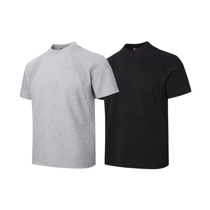 Loose-fit black short sleeve top with textured air layer stitching on a mannequin.