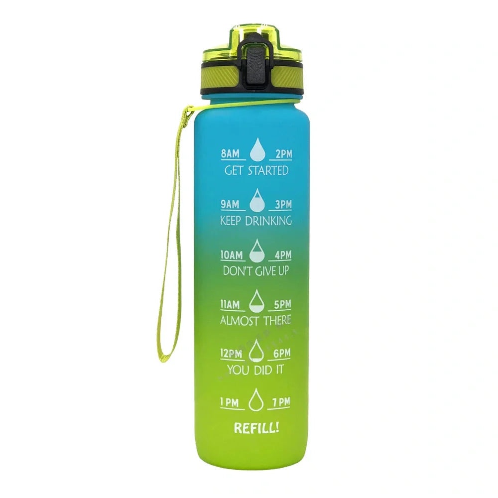 1000ml gradient plastic sports water bottle in blue-green, 29.5cm height, food grade with secure lid for hydration