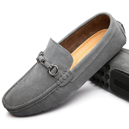 Men's black cowhide slip-on leather shoes with a square toe and flat stiletto heel.