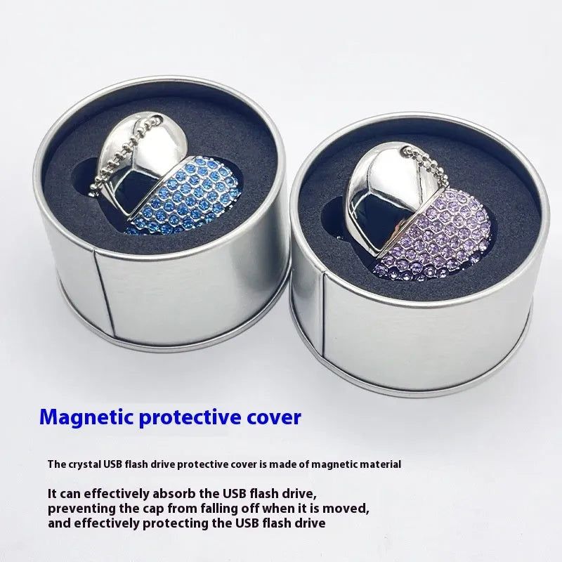Blue heart-shaped USB flash drive with a brick-inlaid pattern on its metal surface.
