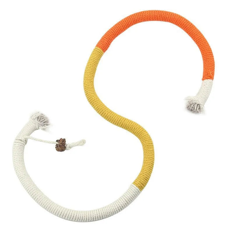 A 70cm long cotton string cat bite rope toy in three colour options: purple, orange, and red with green.