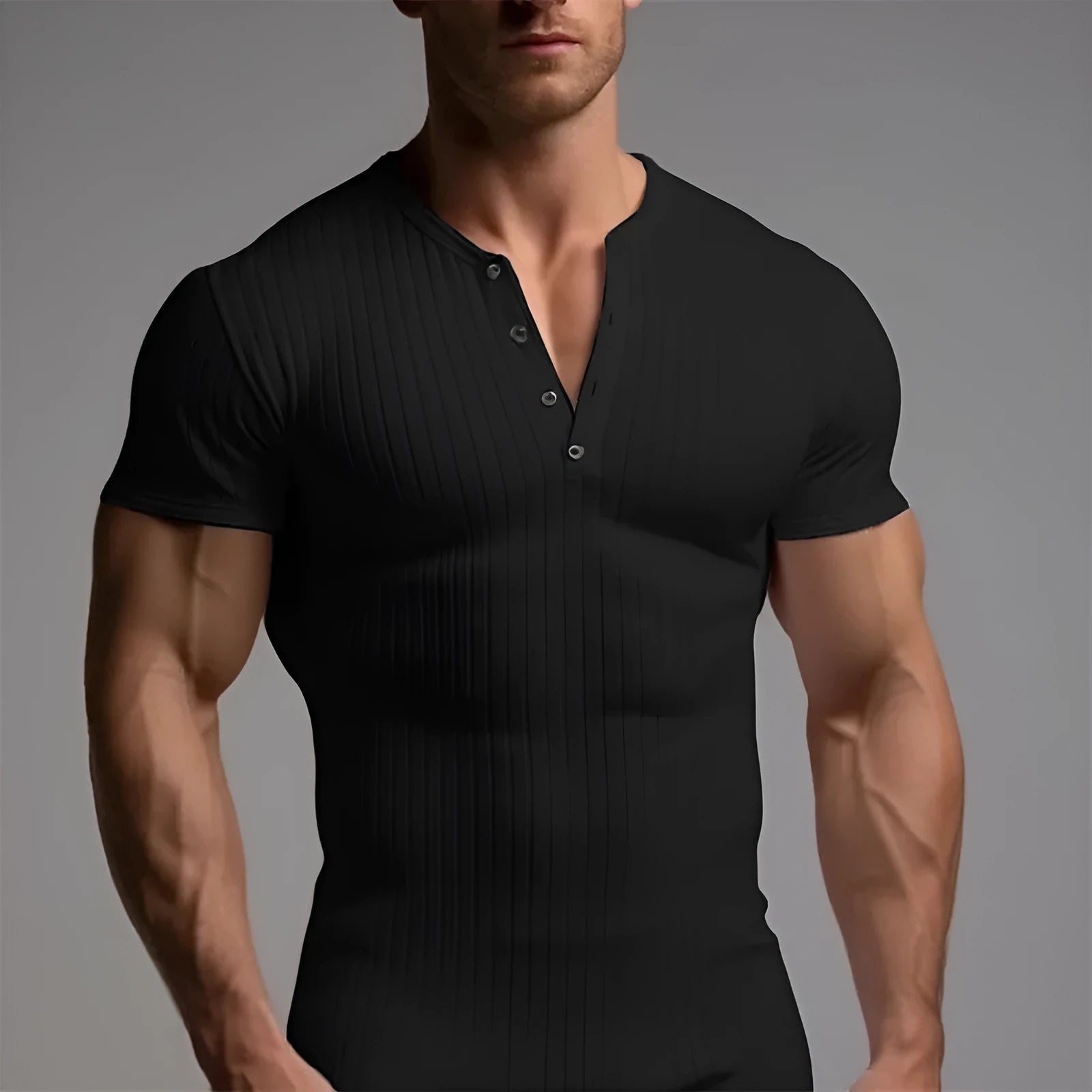 Men's slim-fit short-sleeved polyester muscle t-shirt in army green on a white background.