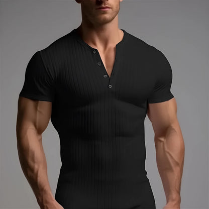 Men's slim-fit short-sleeved polyester muscle t-shirt in army green on a white background.