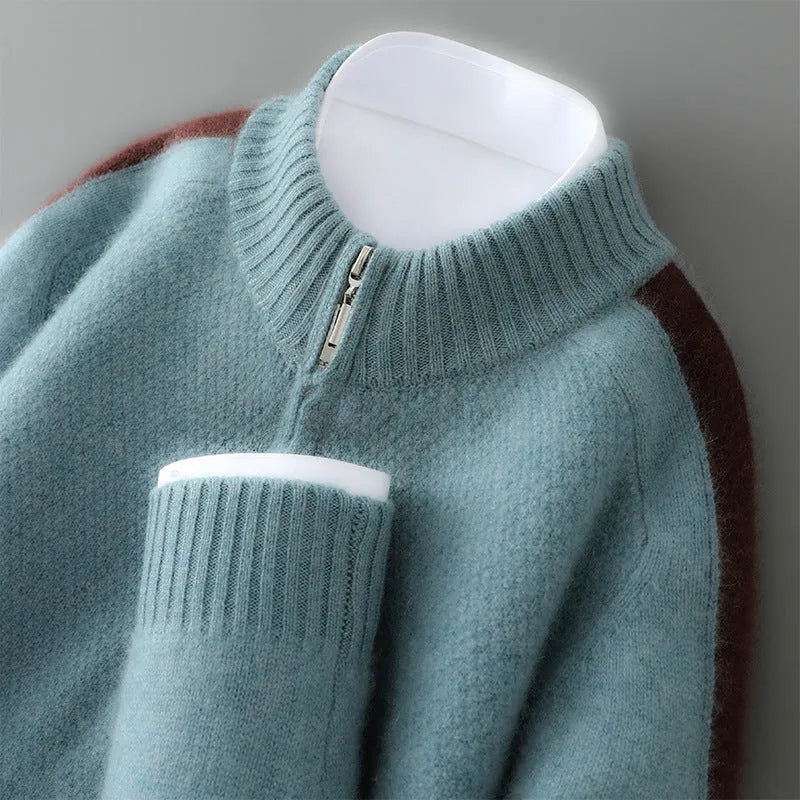 Sheep wool half-zip knitted sweater in slim fit, available in sizes S to XXL for leisure wear.