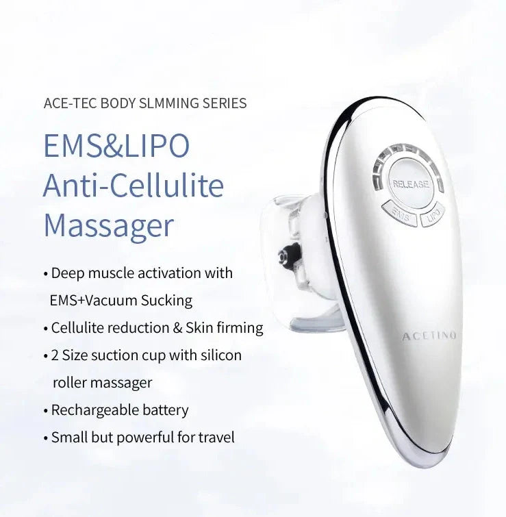 White EMS vacuum massage device with large and small suction cups, measuring 154mm long with control buttons