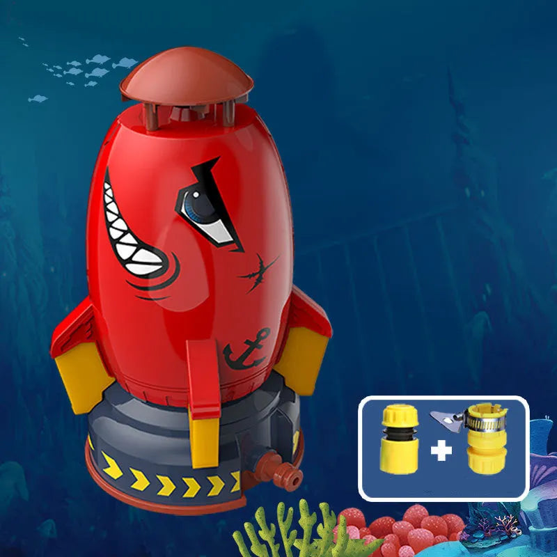 Yellow outdoor water pressure rocket launcher toy for kids on a green lawn.