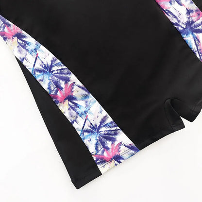 Women's printed one-piece swimsuit with backless cut-out, sleeveless polyester design in purple, green or blue