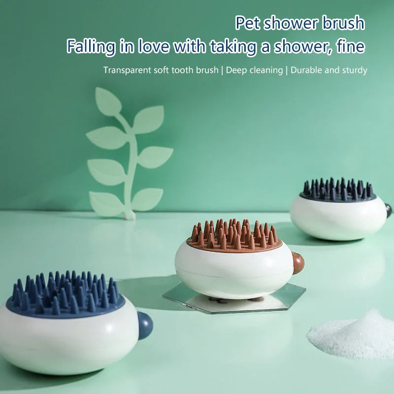 Panda-shaped silicone pet shower brush for dogs and cats in black colour with soft massage bristles