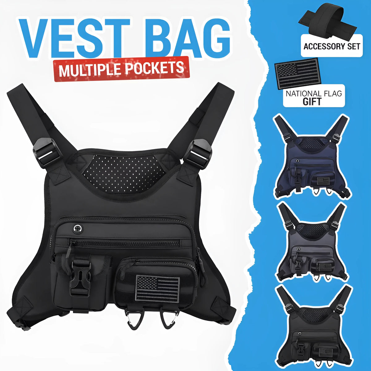 Black outdoor sports chest bag with vest straps and sewing line detailing.
