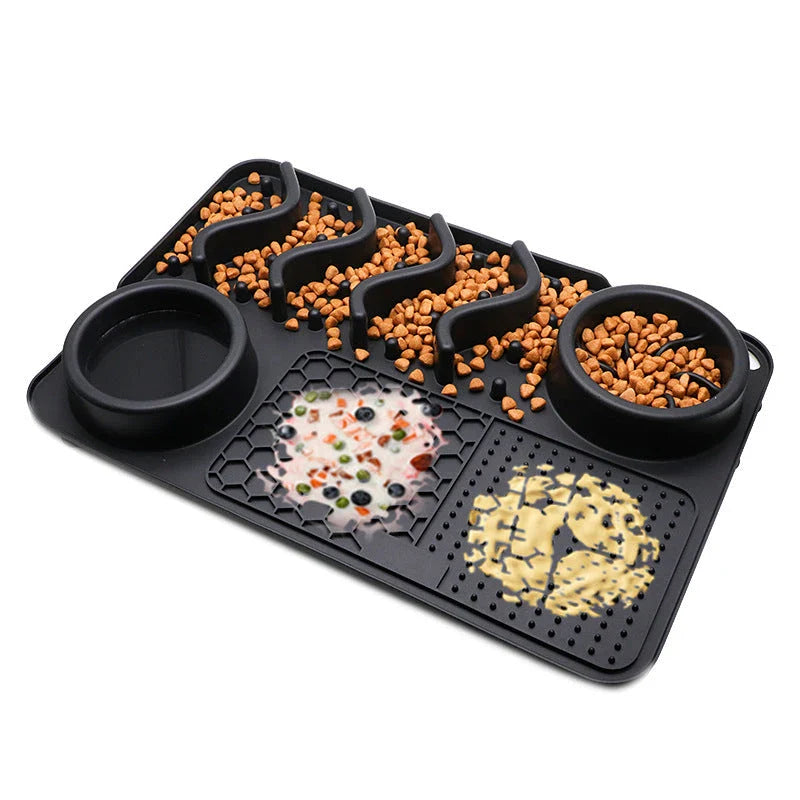 Premium silicone pet licking pad in various colours, designed to slow down eating and promote dental health for dogs