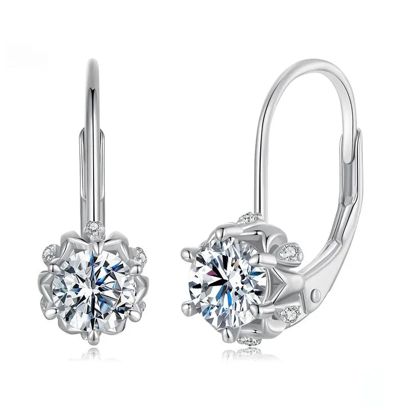 Sterling silver flower bud clip earrings with moissanite and white gold plating