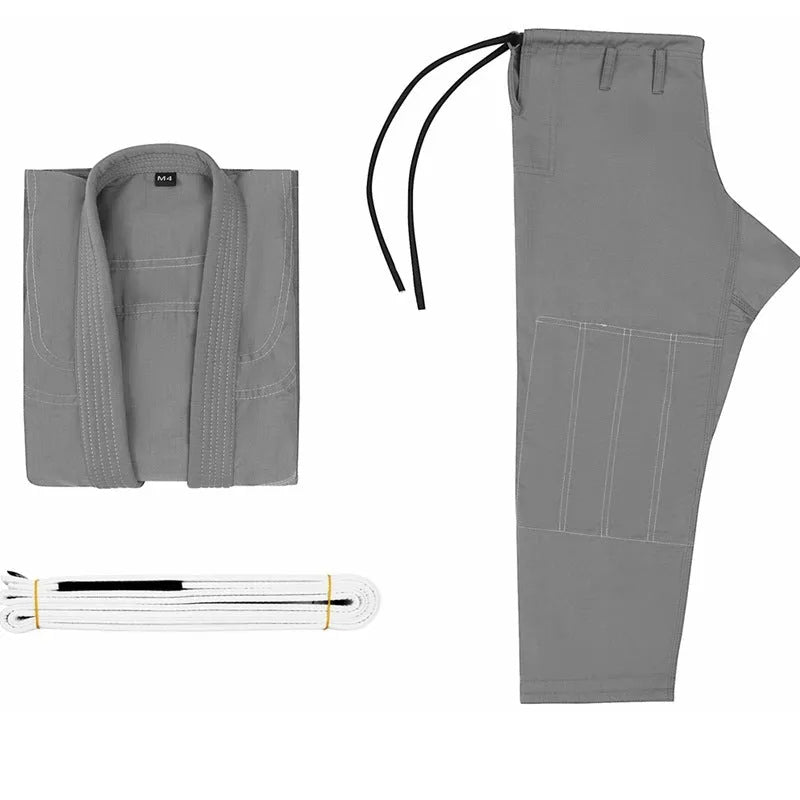 Brazilian Jiu-jitsu clothing set in cotton blend fabric, showing top and trousers for training wear